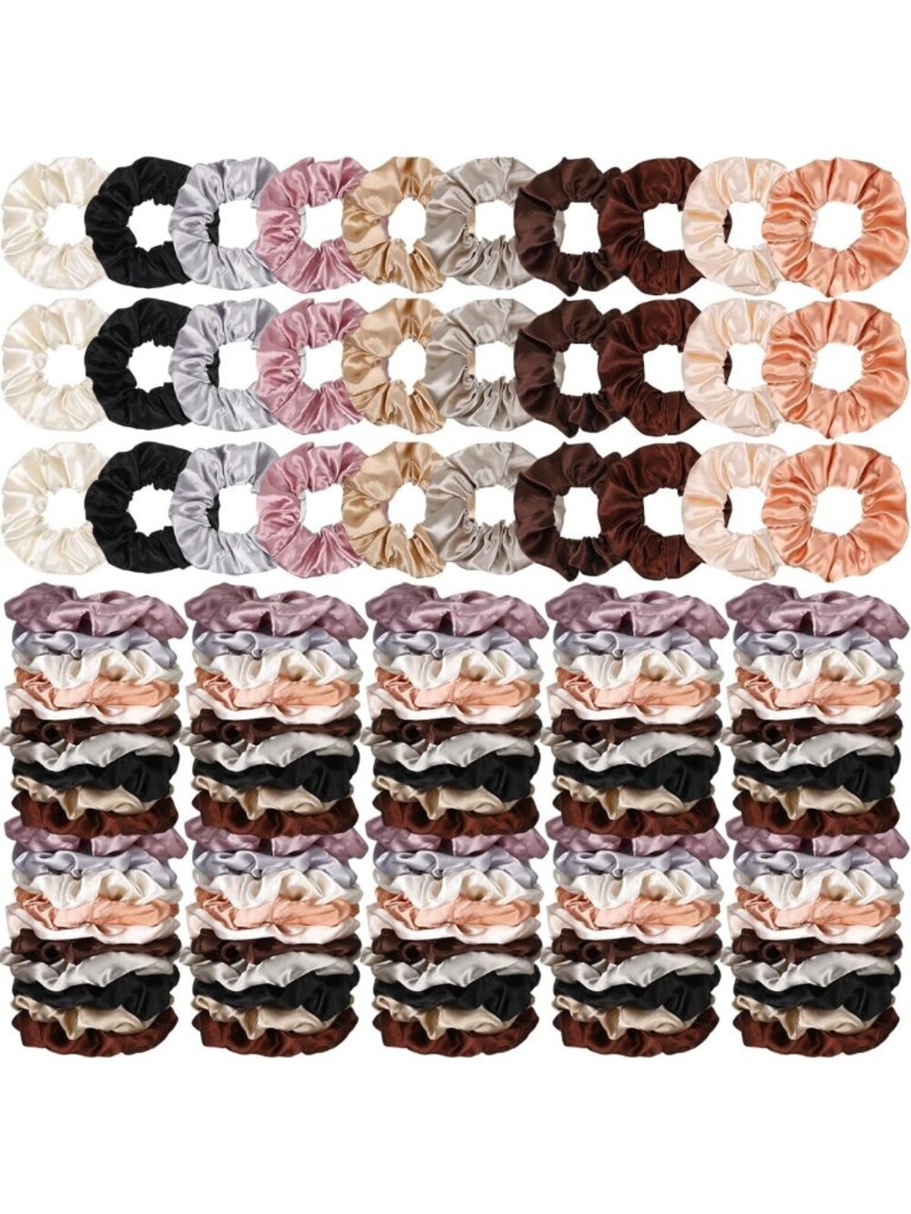 200 Pcs Satin Hair Scrunchies Bulk - Soft Ponytail Holders in Brown, Perfect for